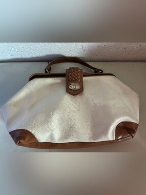 Cream and Brown Leather-Trim Shoulder Bag with Braided Tab